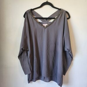 Juicy Couture Charcoal Blouse with‎ Embellished V-Neckline, Cold Shoulders SZ L